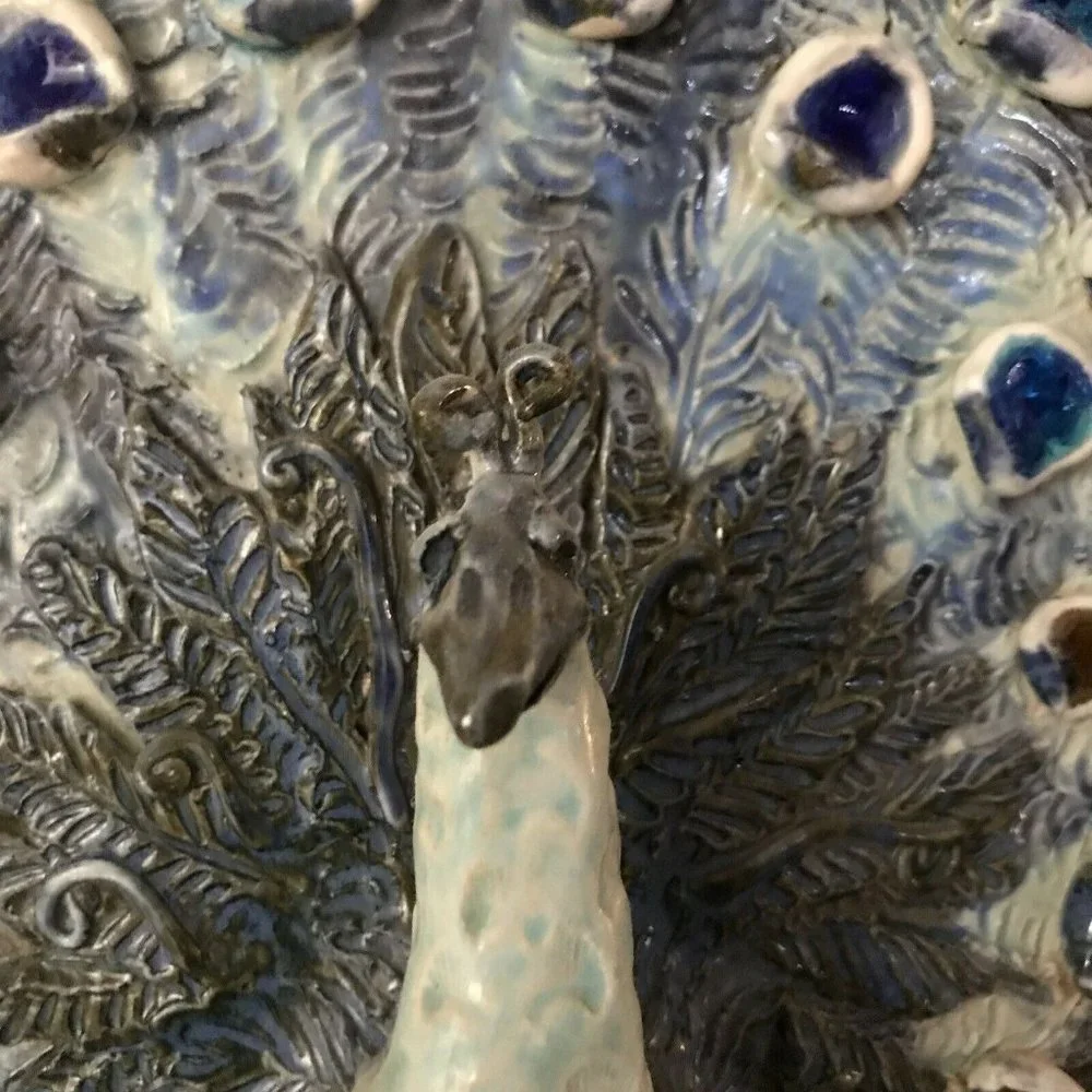Artisan Blue and Green Sculpted Peacock Funky Ceramic Wall Decor Handmade Signed